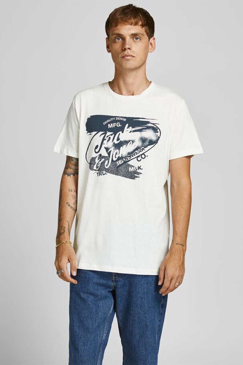 Jack&Jones, Tricou din bumbac cu imprimeu, Alb