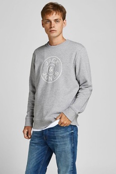 Jack&Jones, Bluza sport cu imprimeu logo, Gri melange, XL Jack&Jones, Bluza sport cu imprimeu logo, Gri melange, XL