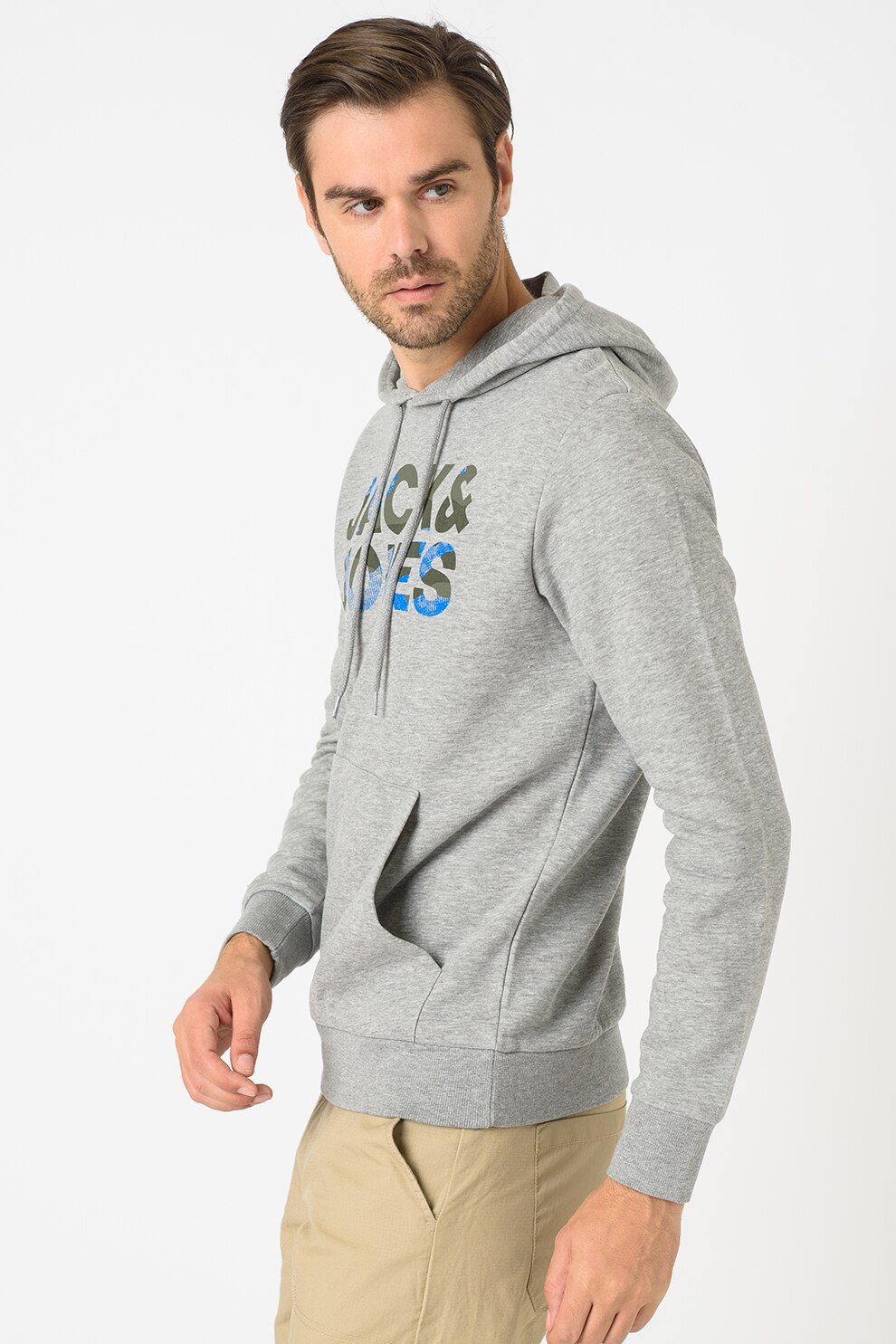 Jack&Jones, Hanorac cu imprimeu logo Soldier, Gri melange/Verde militar/Albastru royal