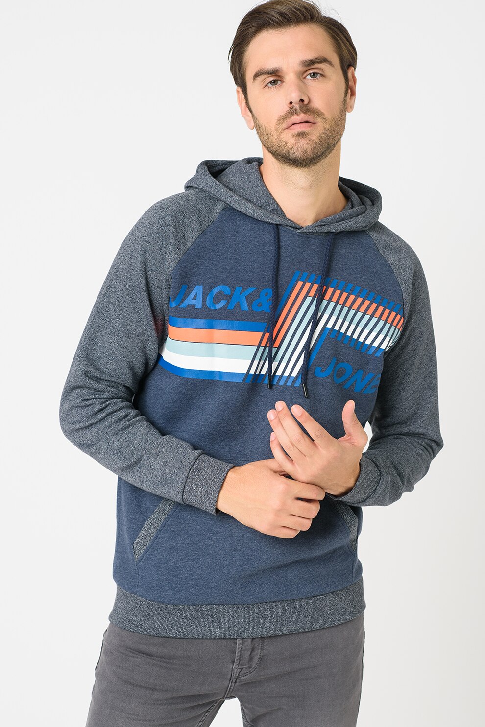 Jack&Jones, Hanorac cu logo Mountain, Bleumarin inchis/Alb/Oranj neon