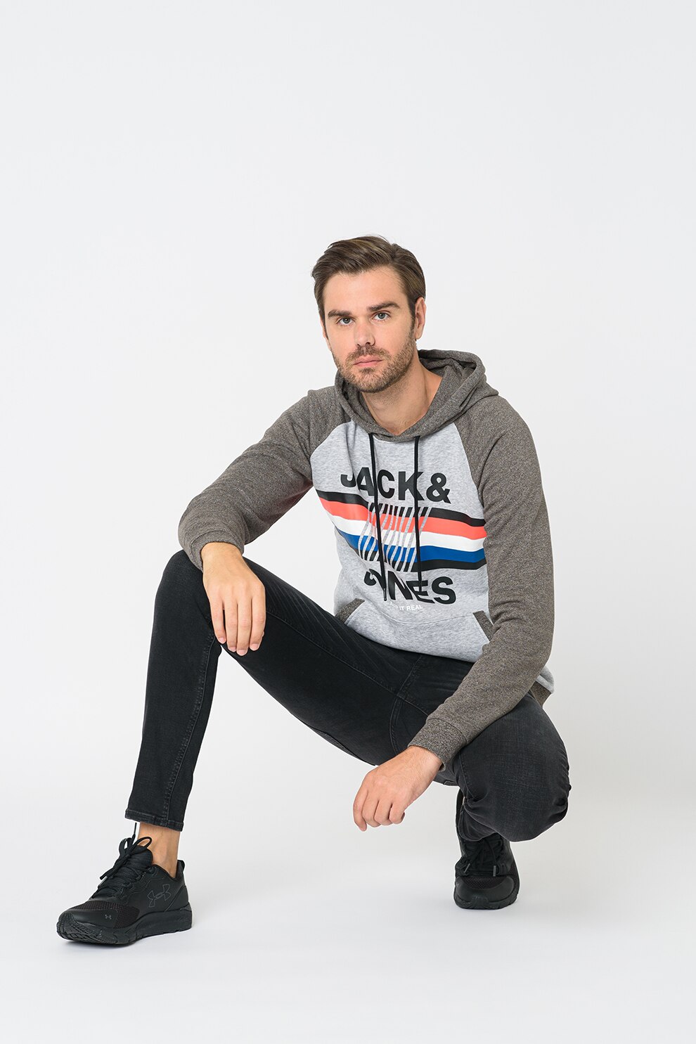Jack&Jones, Hanorac cu logo Mountain, Gri melange/Negru/Alb