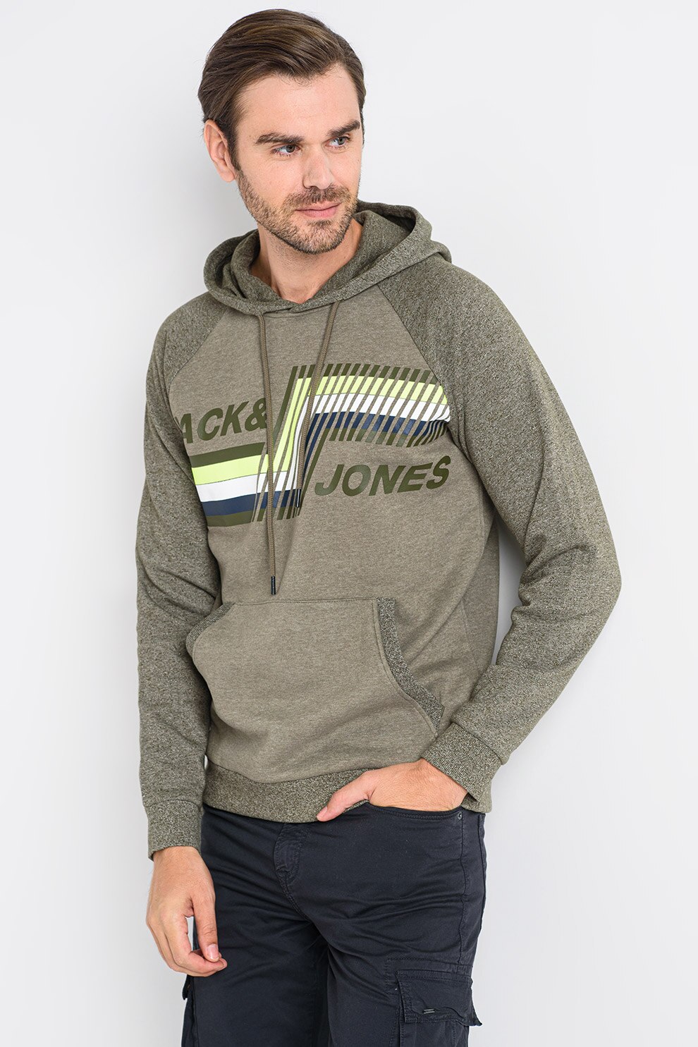 Jack&Jones, Hanorac cu logo Mountain, Verde militar/Alb/Bleumarin