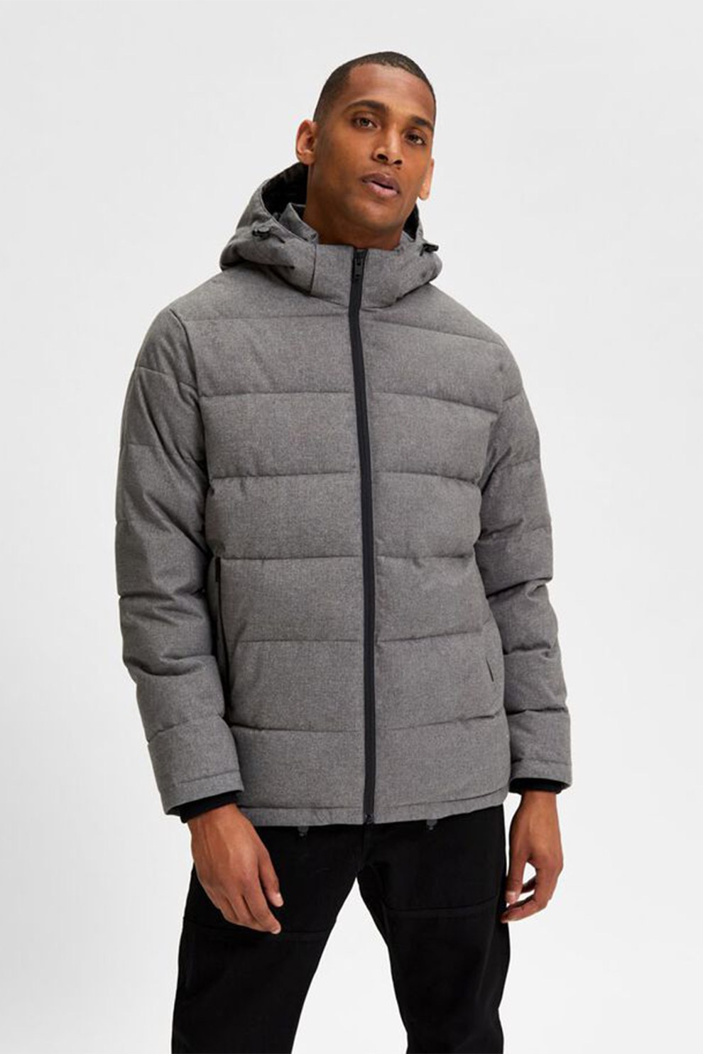 Selected Homme, Geaca bufanta cu vatelina si gluga, Gri melange