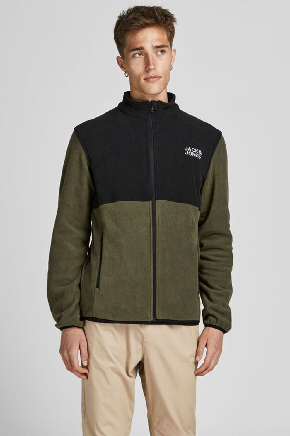 Jack&Jones, Bluza sport din material fleece cu fermoar si logo brodat, Verde militar