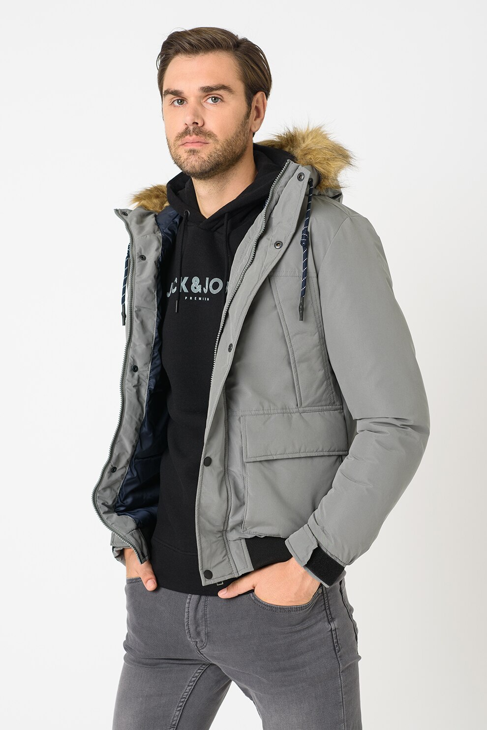 Jack&Jones, Geaca cu buzunare multiple Super, Gri cenusa