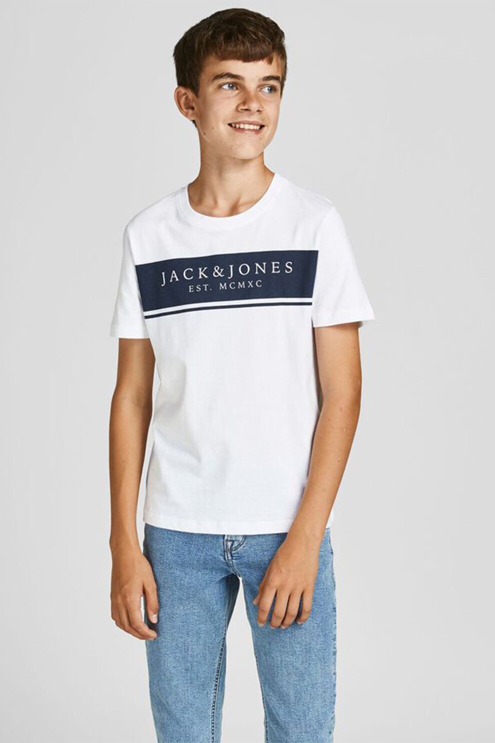 Jack&Jones, Tricou cu decolteu la baza gatului si imprimeu logo, Alb optic/Bleumarin