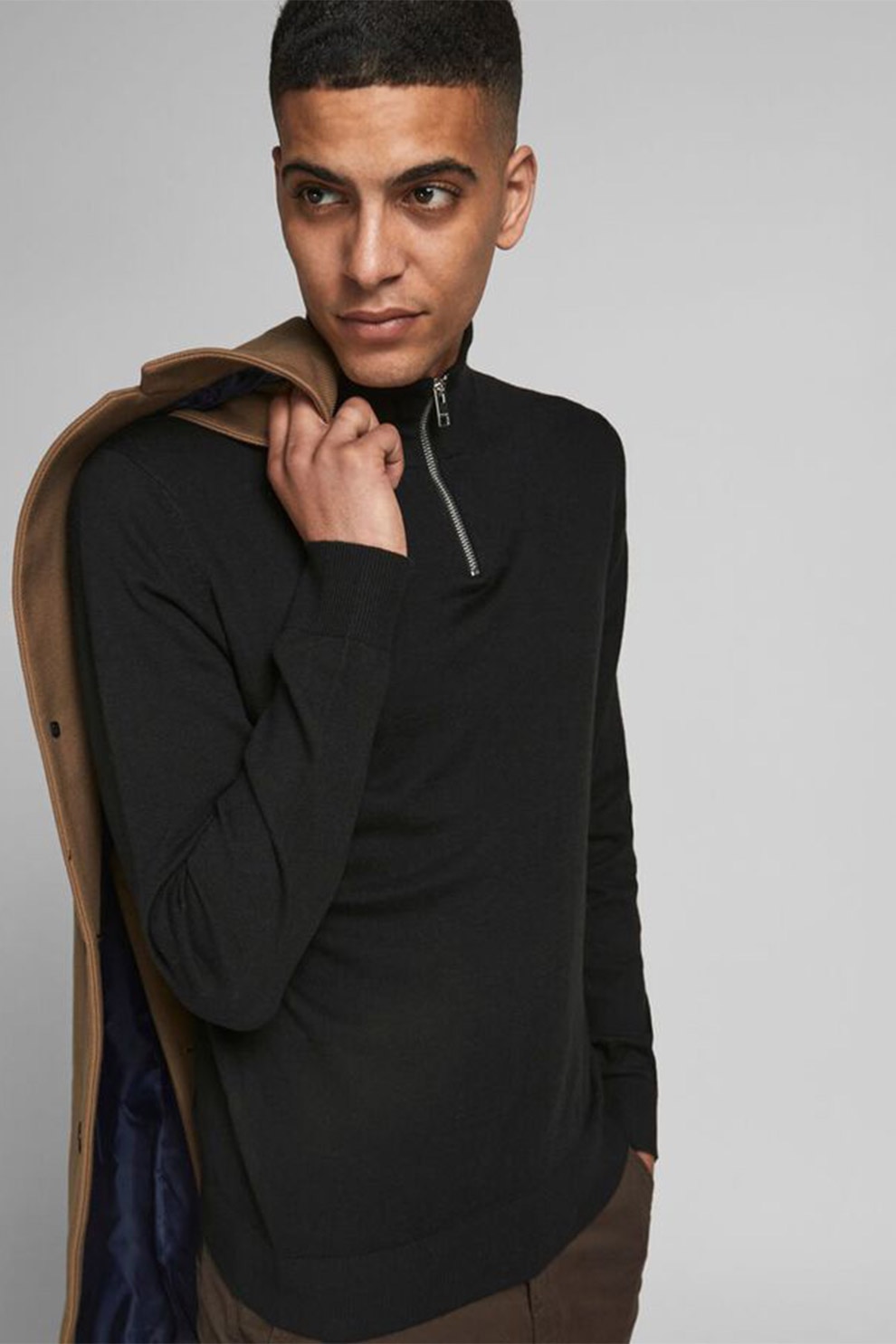 Jack&Jones, Pulover cu guler inalt si fermoar scurt, Negru