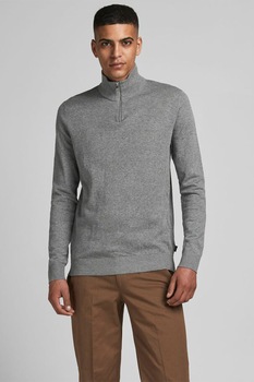 Jack&Jones, Pulover cu guler inalt si fermoar scurt, Gri melange Jack&Jones, Pulover cu guler inalt si fermoar scurt, Gri melange