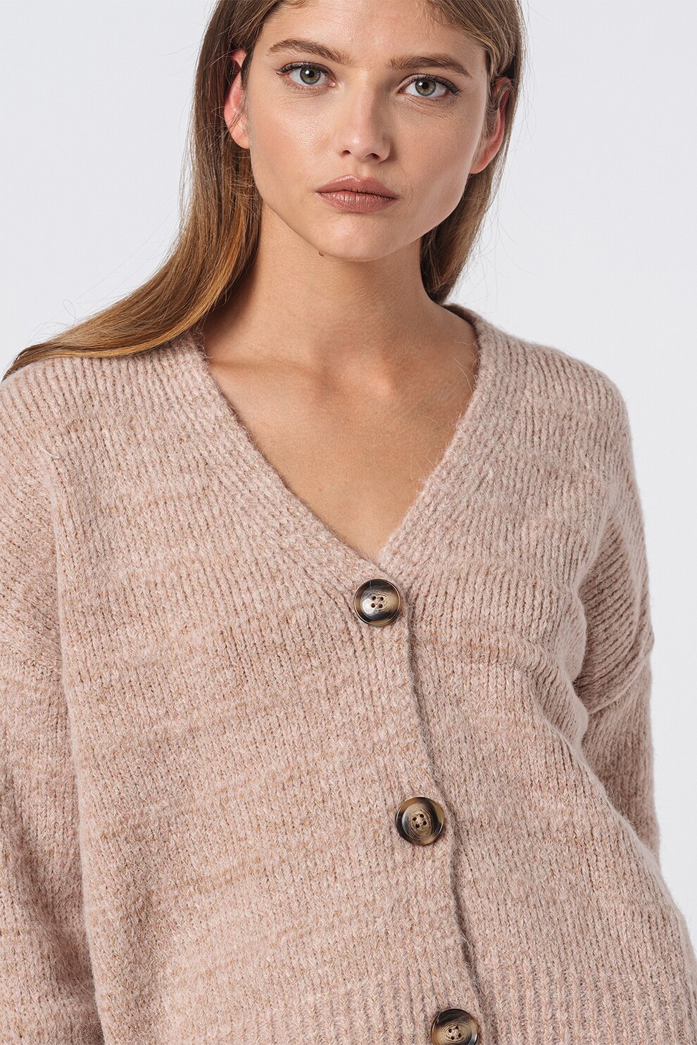 Only, Cardigan lejer cu decolteu in V si maneci cazute Celina, Bej melange