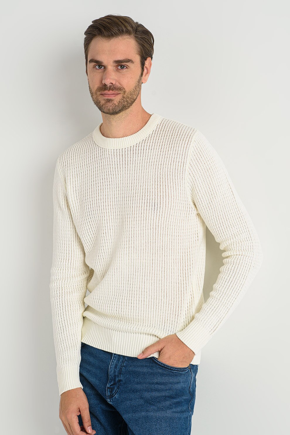 Jack&Jones, Pulover cu decolteu la baza gatului texturat Groove, Crem