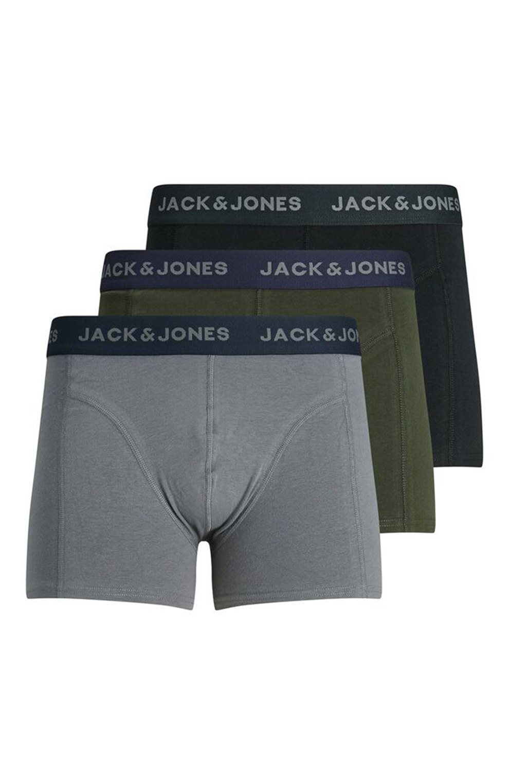Jack&Jones, Set de boxeri cu banda logo in talie - 3 perechi, Gri/Verde militar