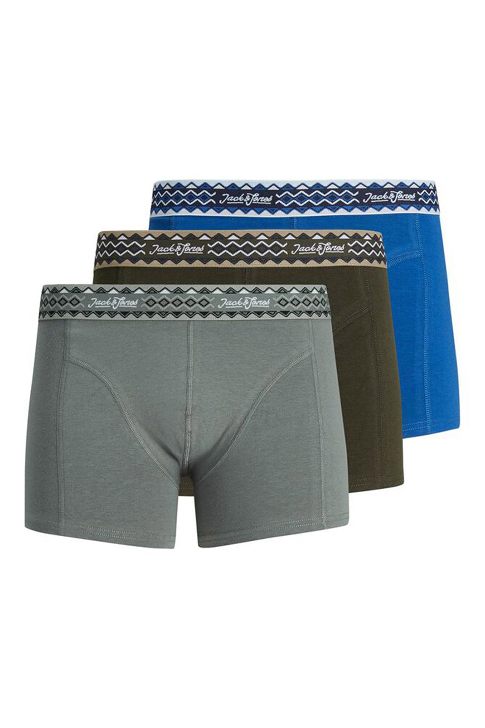Jack&Jones, Set de boxeri cu banda contrastanta in talie - 3 perechi, Gri/Verde militar/Albastru