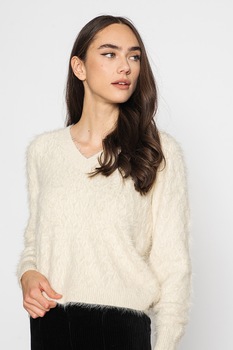 Vero Moda, Pulover pufos cu decolteu in V, Alb prafuit Vero Moda, Pulover pufos cu decolteu in V, Alb prafuit