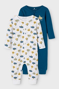 NAME IT, Set de salopete din bumbac organic cu imprimeu grafic - 2 piese, Albastru inchis NAME IT, Set de salopete din bumbac organic cu imprimeu grafic - 2 piese, Albastru inchis
