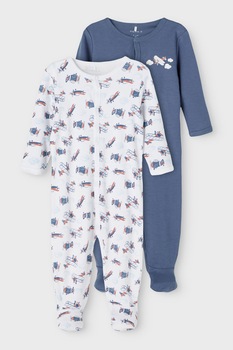 NAME IT, Set de salopete de pijama din bumbac organic cu botosei - 2 piese, albastru inchis/alb NAME IT, Set de salopete de pijama din bumbac organic cu botosei - 2 piese, albastru inchis/alb