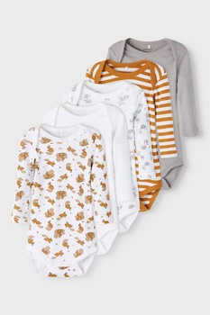 NAME IT, Set de body-uri din bumbac organic cu imprimeu si model uni - 5 piese, Alb/Maro/Gri NAME IT, Set de body-uri din bumbac organic cu imprimeu si model uni - 5 piese, Alb/Maro/Gri