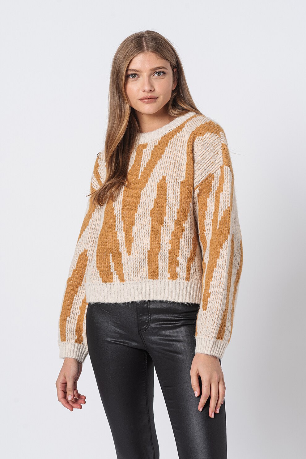 Vero Moda, Pulover lejer cu imprimeu zebra Zelma, Crem/Galben mustar/Crem/Galben mustar