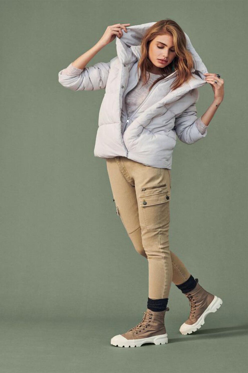 Only, Geaca bufanta cu vatelina, gluga si aspect matlasat, Alb prafuit