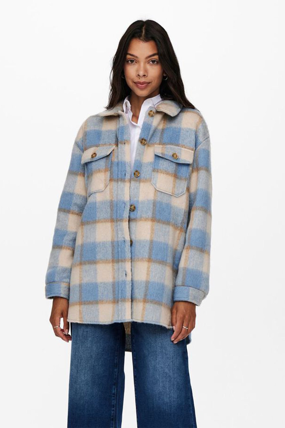 Only, Palton usor cu model in carouri si buzunare cu clapa, Bej/verde pal/maro, S