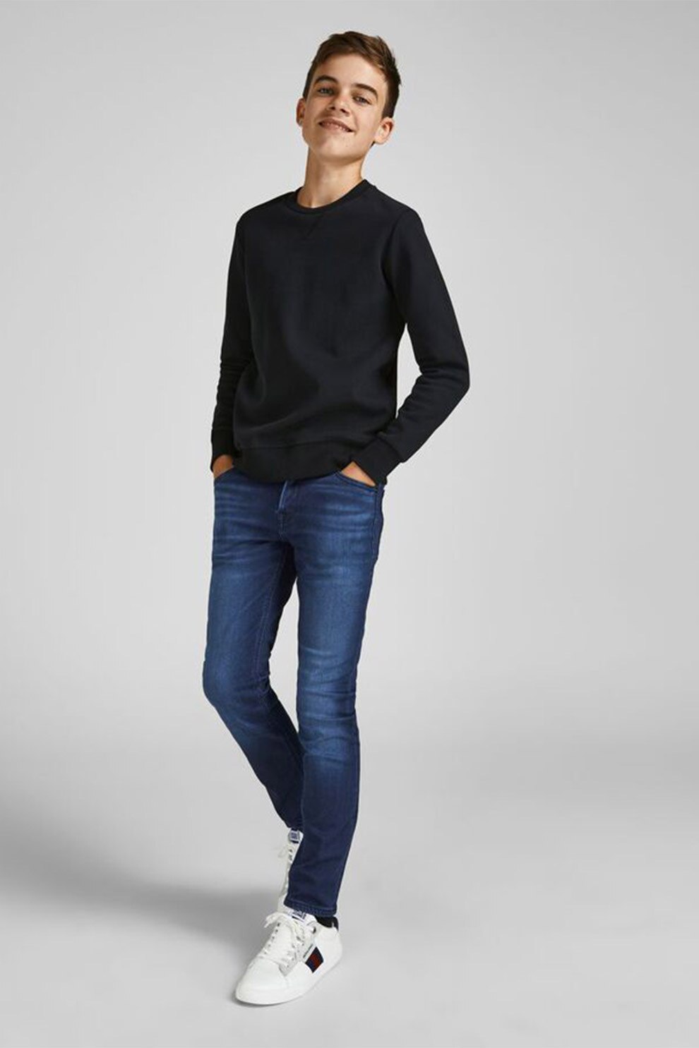 Jack&Jones, Blugi slim fit cu detalii cu aspect decolorat, Albastru inchis