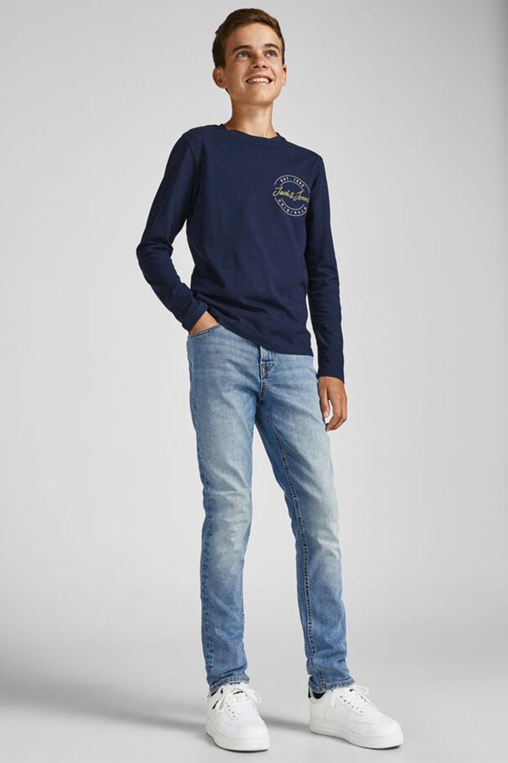 Jack&Jones, Blugi slim fit cu aspect decolorat, Albastru deschis