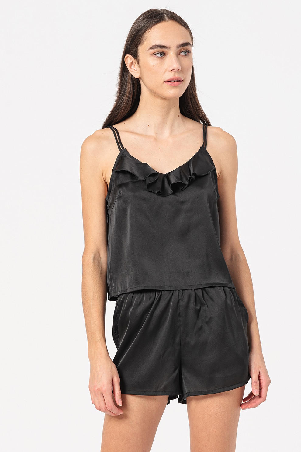 Vero Moda, Pijama din satin cu volan Star, Negru