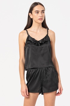 Vero Moda, Pijama din satin cu volan Star, Negru Vero Moda, Pijama din satin cu volan Star, Negru
