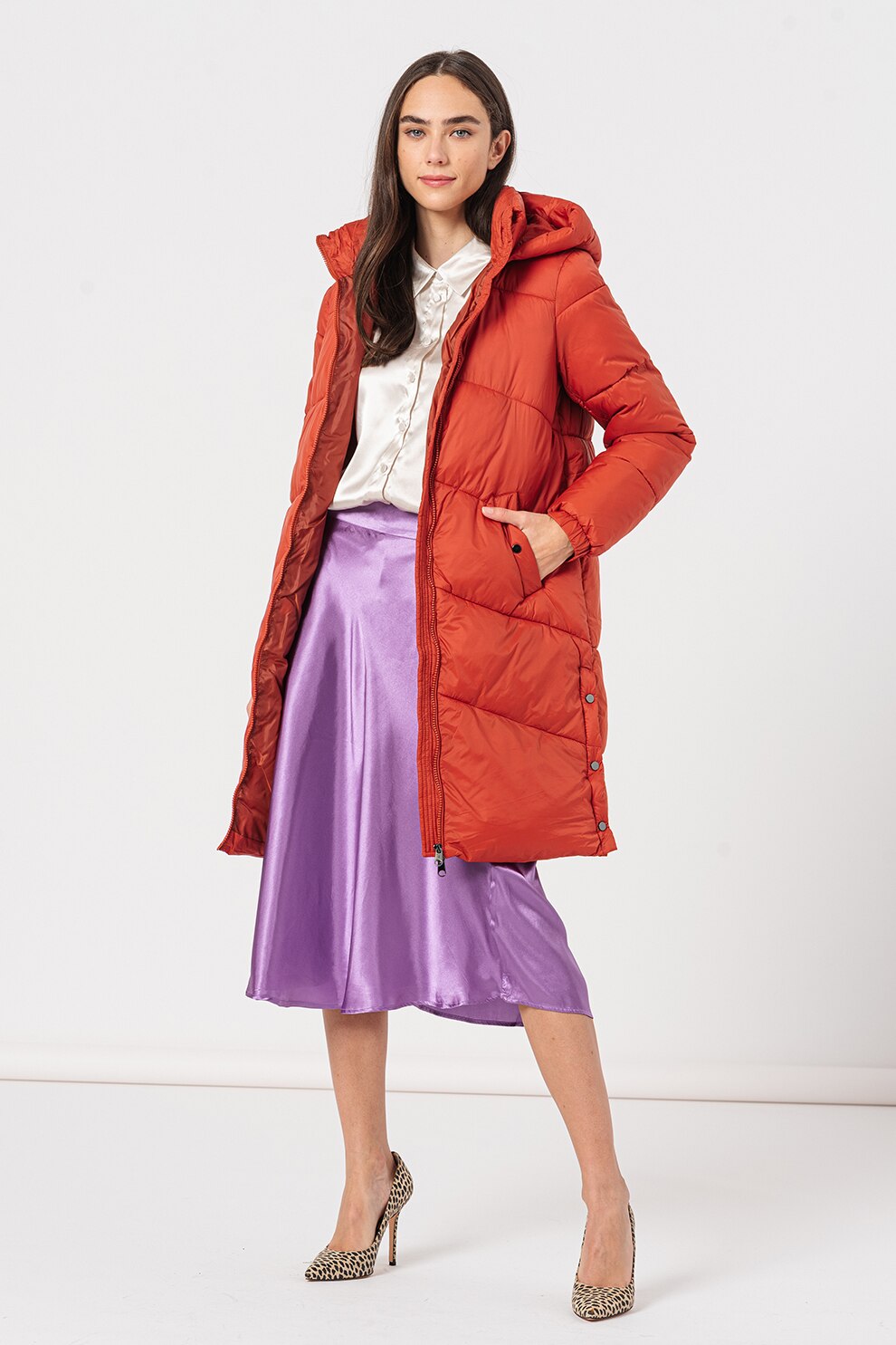 Vero Moda, Geaca lunga cu aspect matlasat Upp Sala, Oranj mandarina