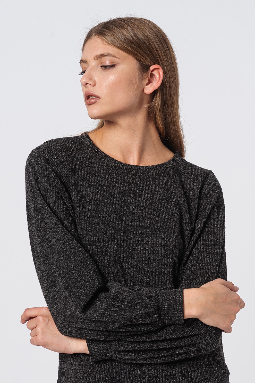 JdY, Pulover tricotat fin cu decolteu la baza gatului Emma, Gri inchis melange