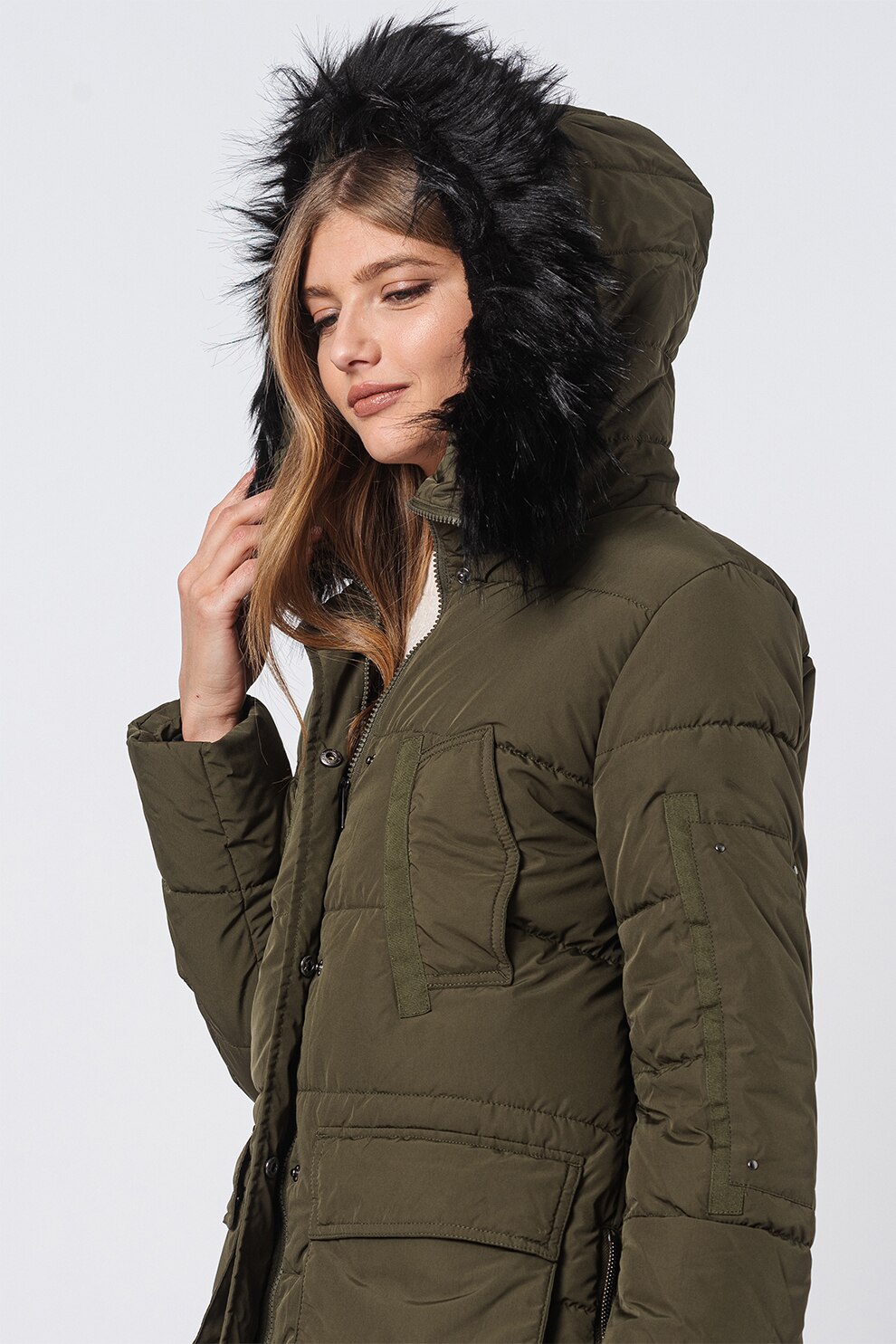 JdY, Geaca cu vatelina si gluga cu garnitura din blana sintetica Dawson, Verde marin