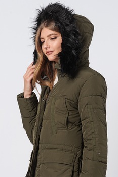 JdY, Geaca cu vatelina si gluga cu garnitura din blana sintetica Dawson, Verde marin JdY, Geaca cu vatelina si gluga cu garnitura din blana sintetica Dawson, Verde marin