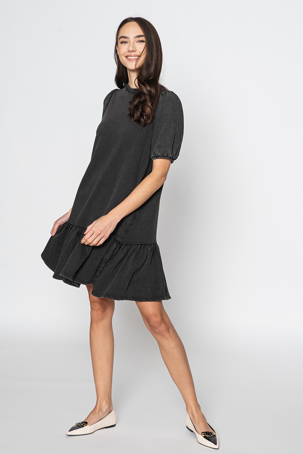 Only, Rochie cu maneci bufante si terminatie cu volane Lucinda, Negru stins