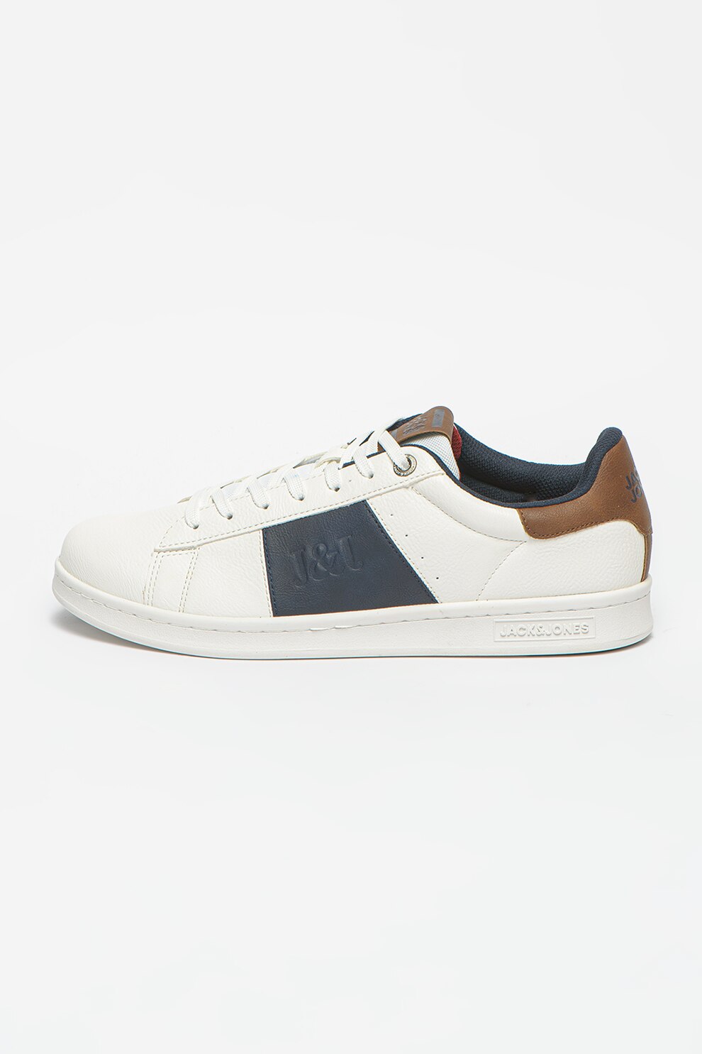 Jack&Jones, Pantofi sport din piele ecologica cu logo in relief, Alb/Bleumarin