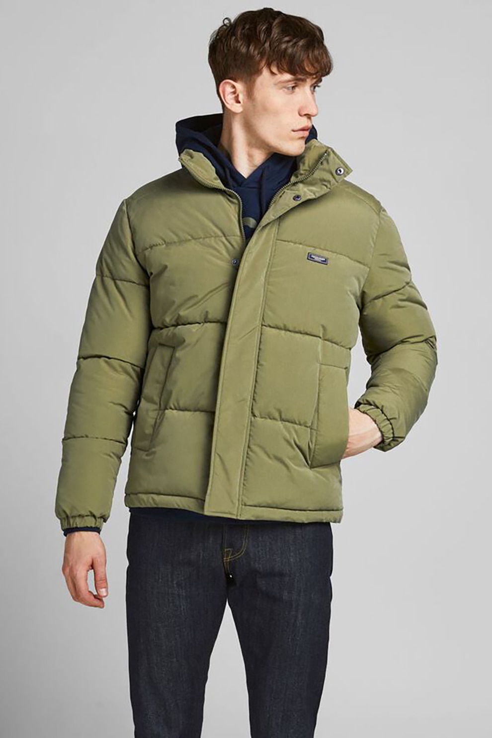 Jack&Jones, Geaca regular fit cu guler inalt Russell, Verde oliv, L
