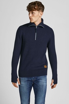 Jack&Jones, Pulover cu striatii si fente pentru degetul mare, Bleumarin inchis Jack&Jones, Pulover cu striatii si fente pentru degetul mare, Bleumarin inchis