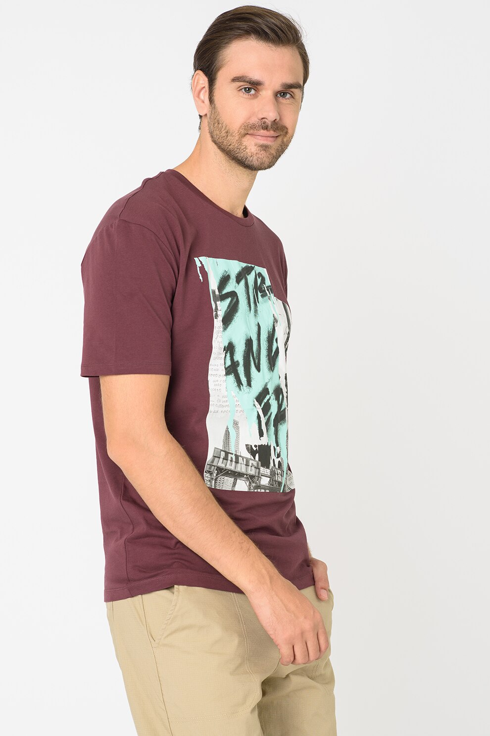 Jack&Jones, Tricou relaxed fit cu imprimeu Stranger, Violet tyrian/verde menta/alb