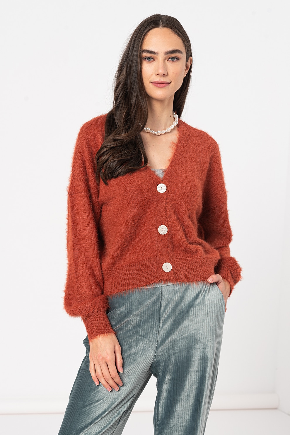 Vero Moda, Cardigan cu aspect pufos si decolteu in V Poilu, Rosu caramiziu