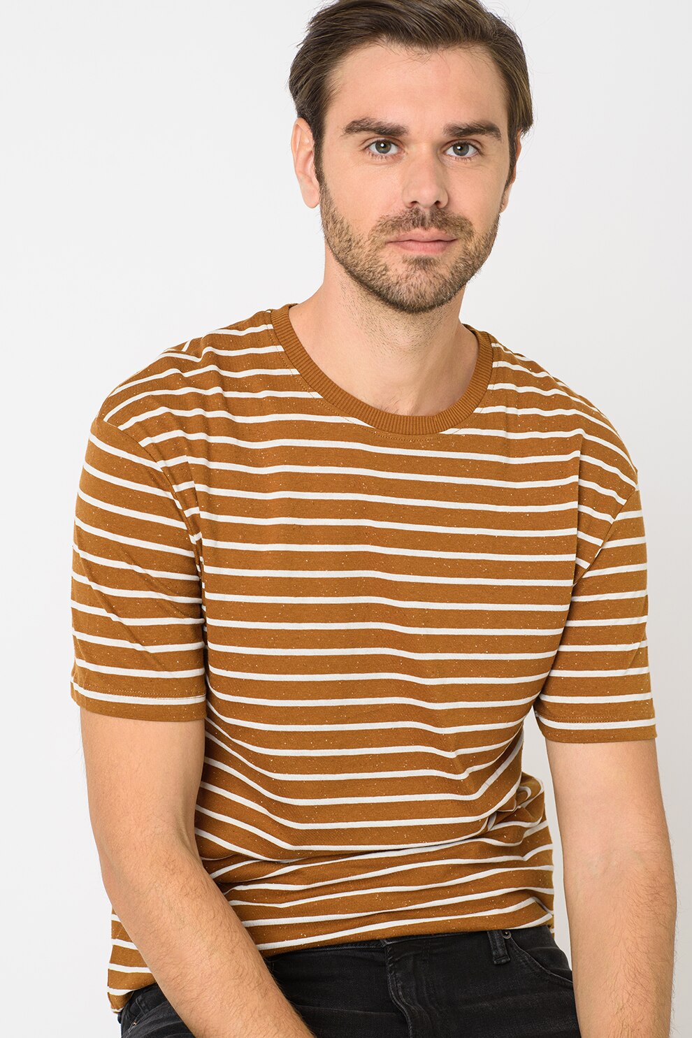 Jack&Jones, Tricou relaxed fit cu model in dungi Barrett, Caramel/Alb