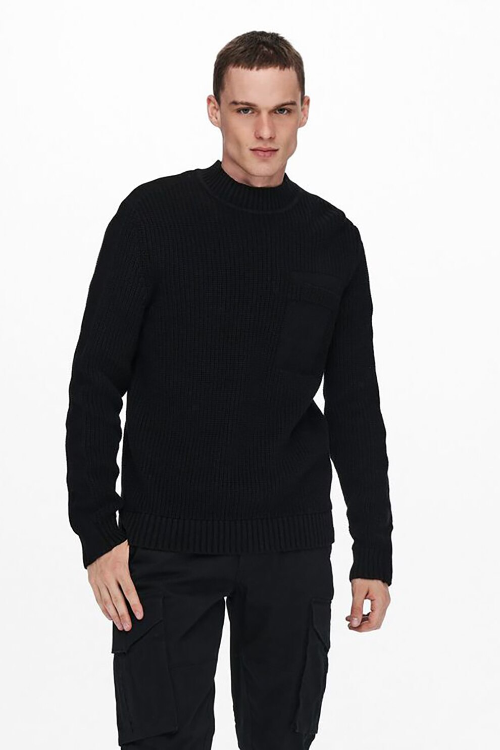 Only & Sons, Pulover cu decolteu la baza gatului si aspect masiv, Negru