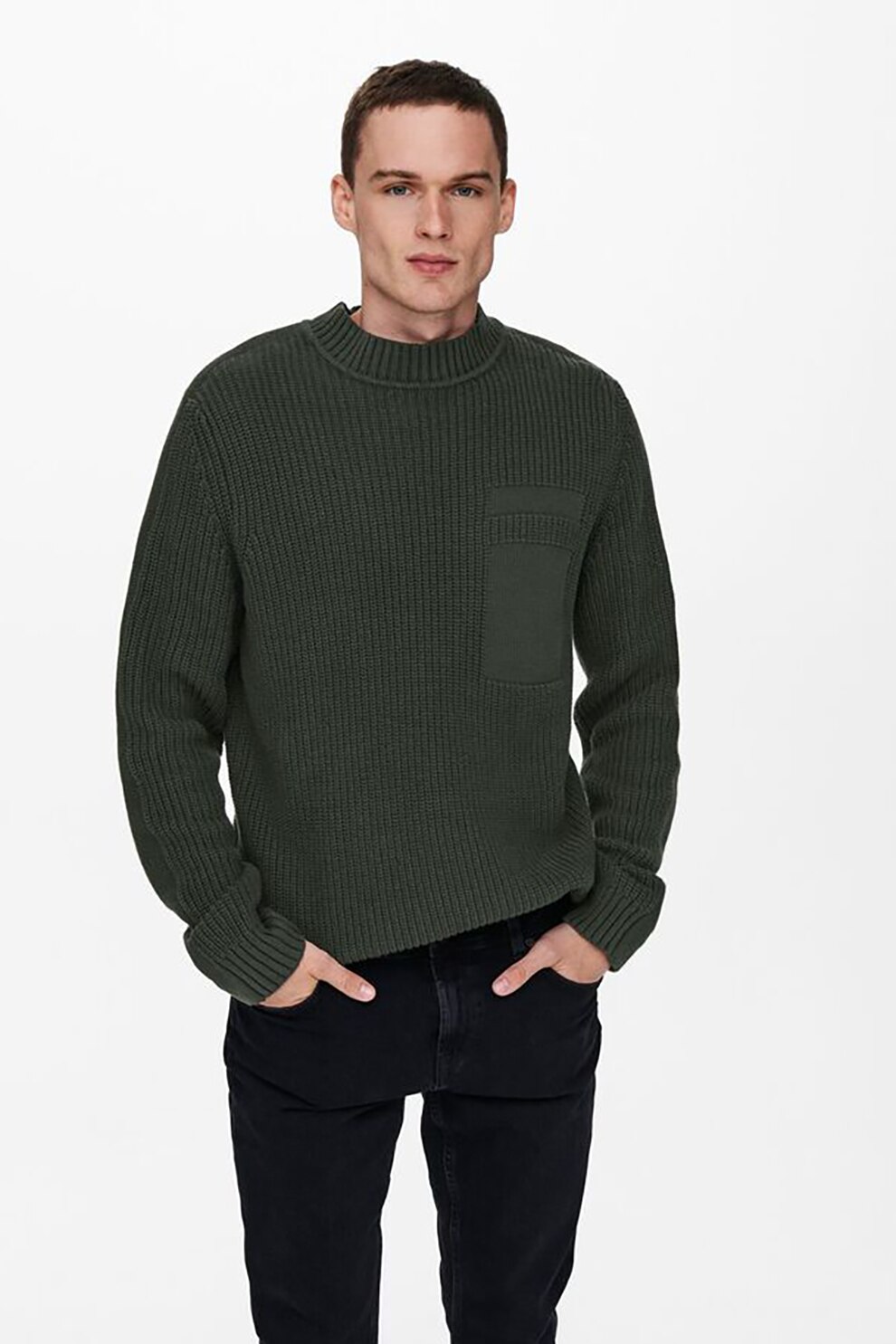 Only & Sons, Pulover cu decolteu la baza gatului si aspect masiv, Verde forest