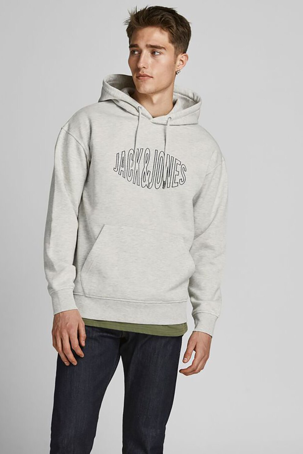 Jack&Jones, Hanorac relaxed fit cu buzunar kangaroo, Alb melange/Negru