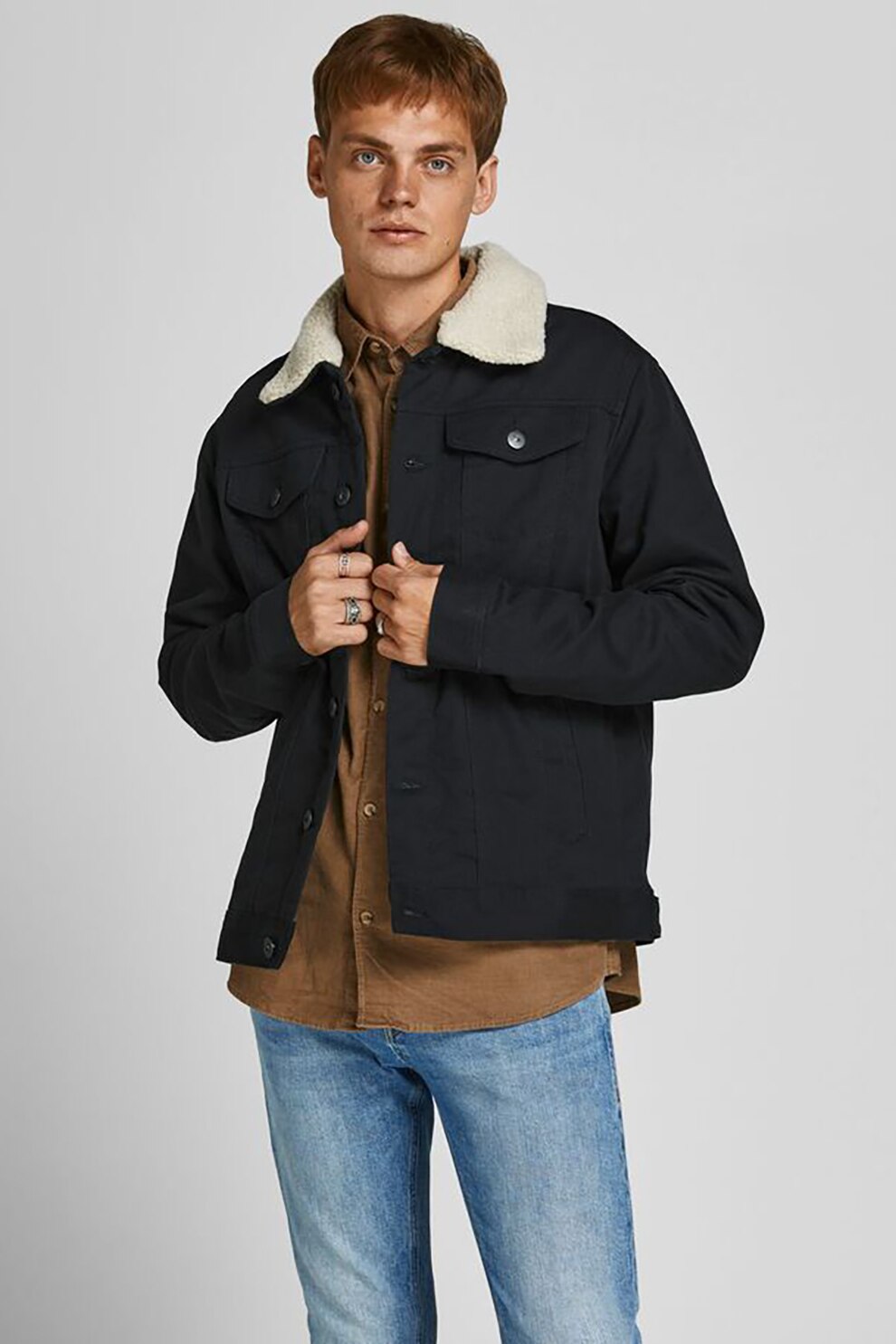 Jack&Jones, Jacheta din denim cu guler din material teddy, Negru/Alb prafuit