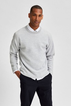 Selected Homme, Pulover de lana merinos cu decolteu la baza gatului, Gri melange Selected Homme, Pulover de lana merinos cu decolteu la baza gatului, Gri melange