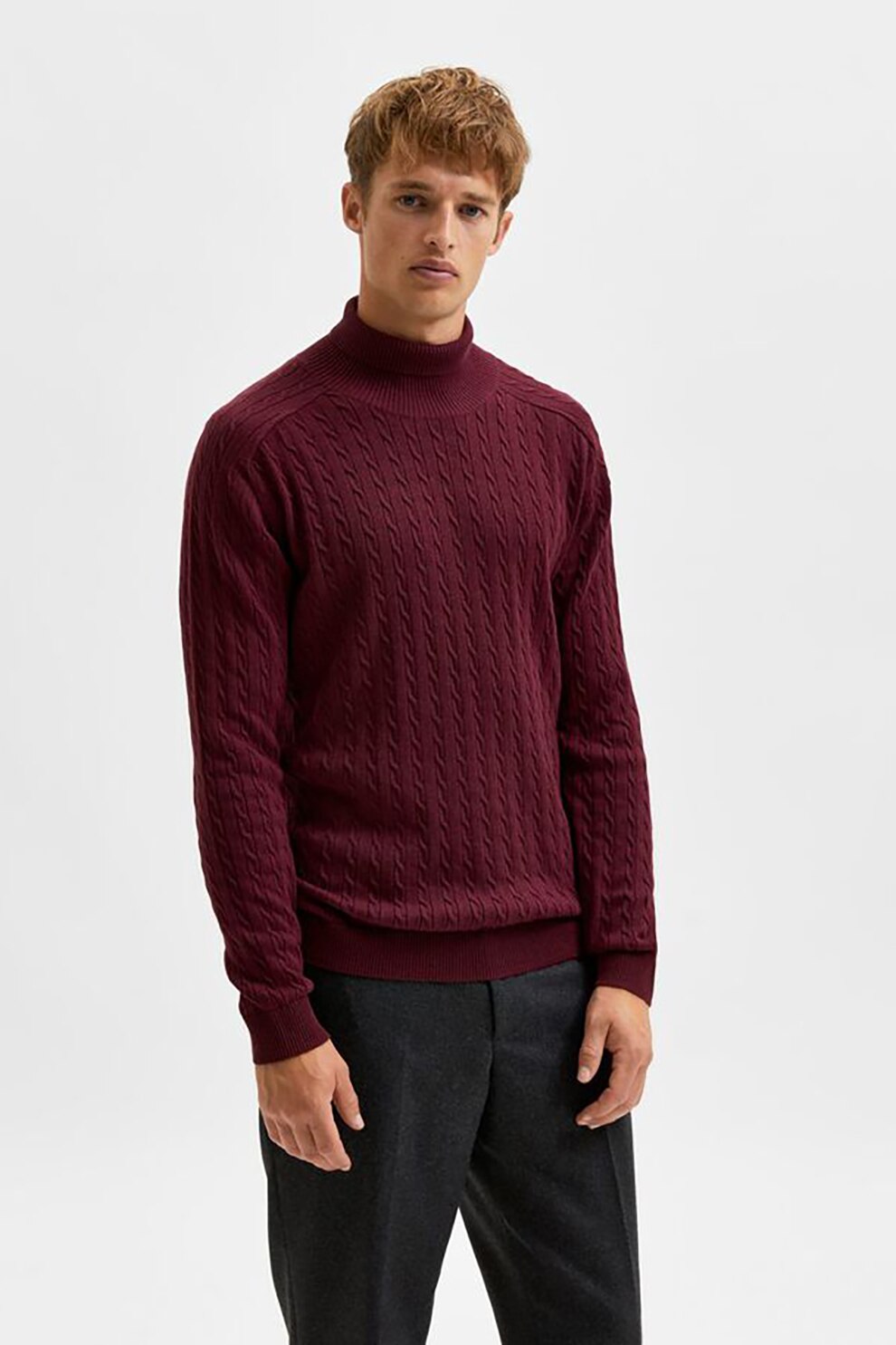 Selected Homme, Pulover din bumbac organic cu model torsade, Violet pruna, XL