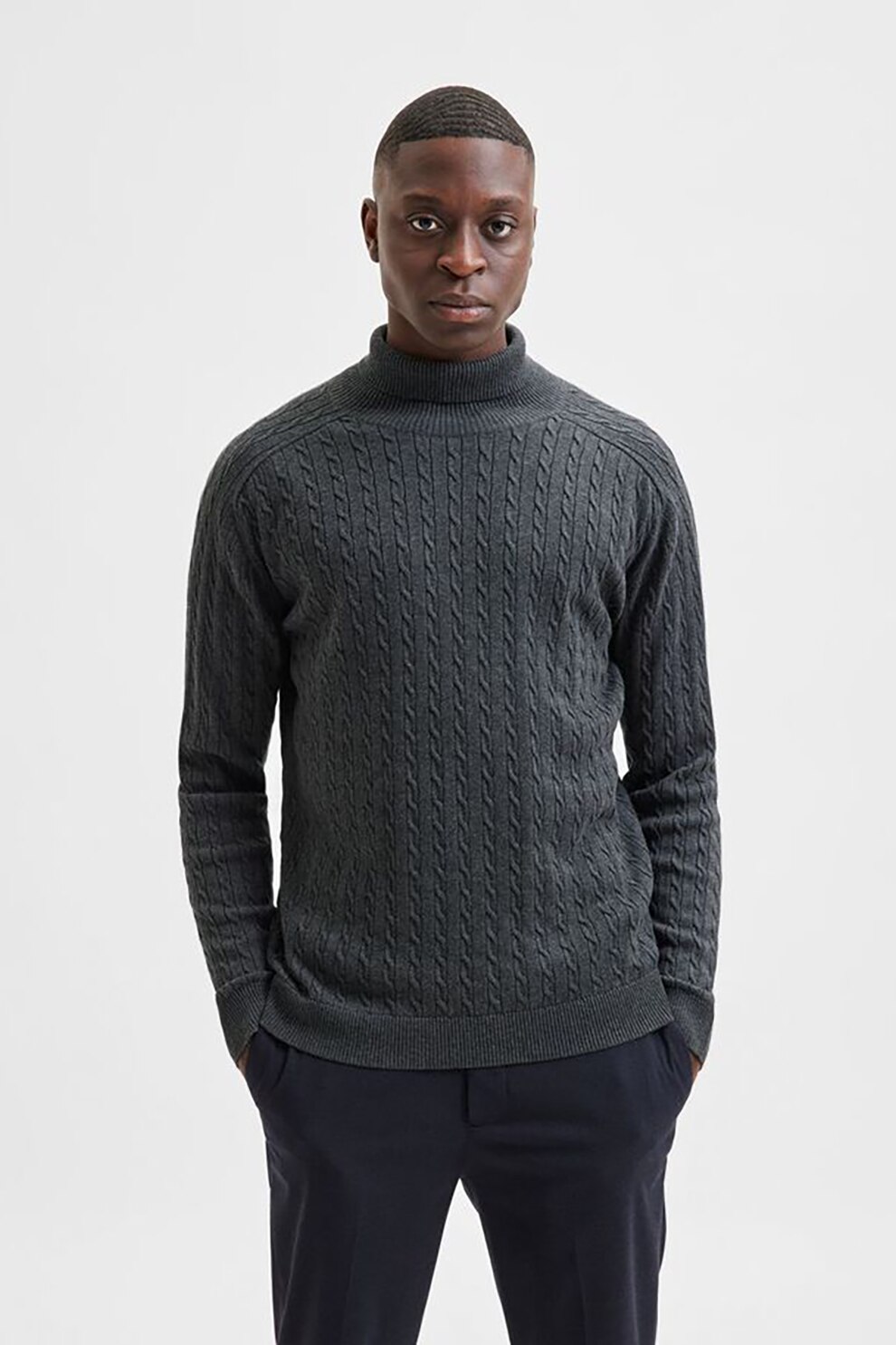 Selected Homme, Pulover din bumbac organic cu model torsade, Gri inchis, XL