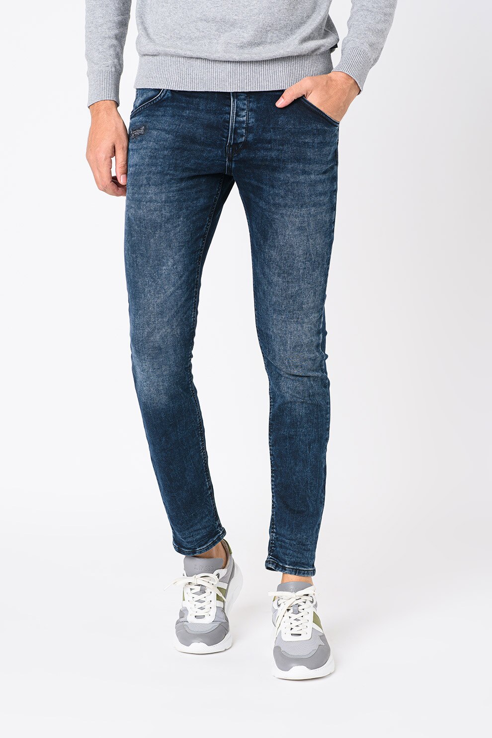 Jack&Jones, Blugi slim fit Glenn, Albastru inchis/Alb prafuit
