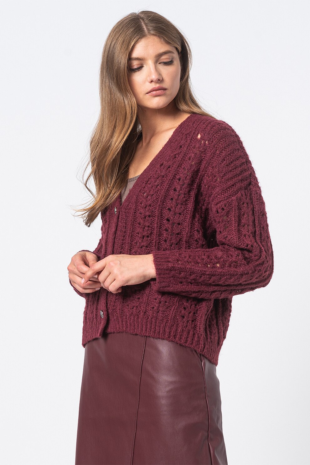 Only, Cardigan cu nasturi si perforatii Gaya, Violet