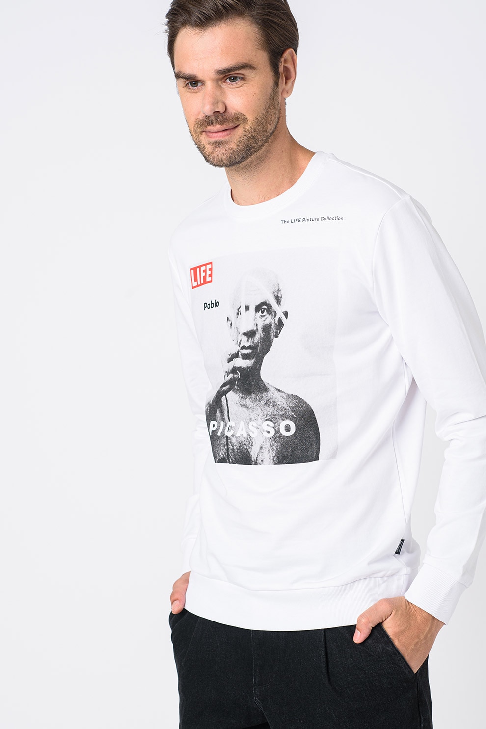 Only & Sons, Bluza sport cu decolteu la baza gatului si model, Alb/Negru