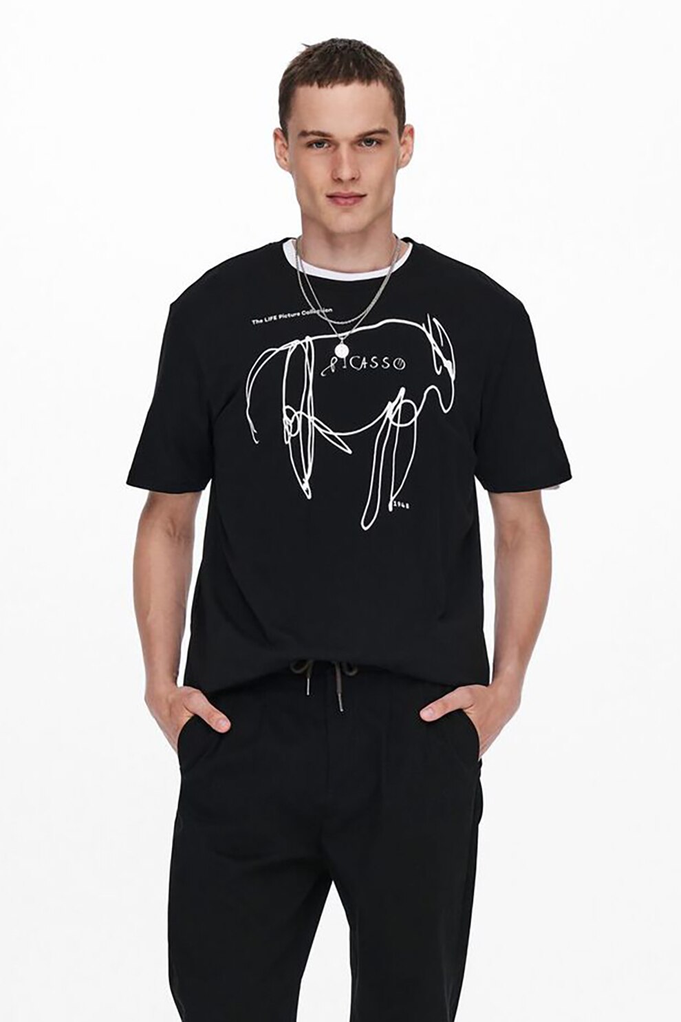 Only & Sons, Tricou de bumbac cu decolteu la baza gatului si imprimeu grafic, Negru/Alb