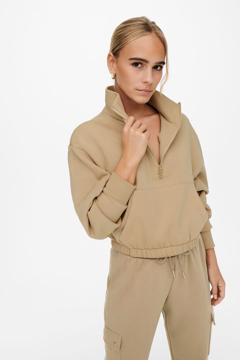 Only, Bluza sport crop cu buzunar kangaroo, Cafeniu